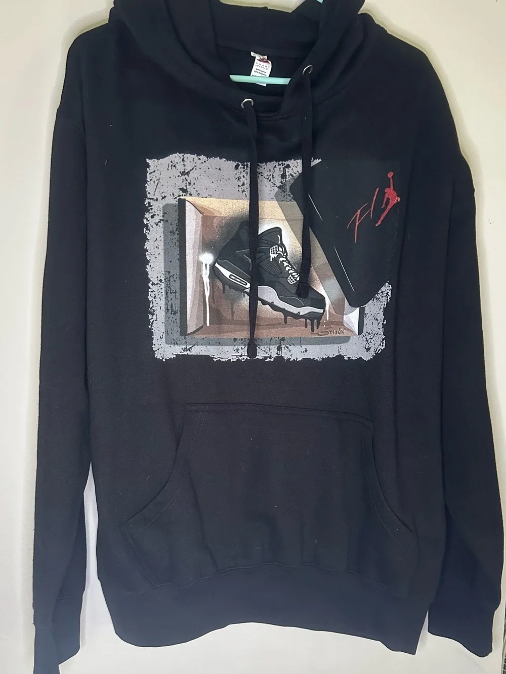 Men's Black Graphic Pullover Hoodie with Sneaker Artwork